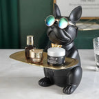 Escultura Decorativa de Cachorro Bulldog com Bandeja e Óculos