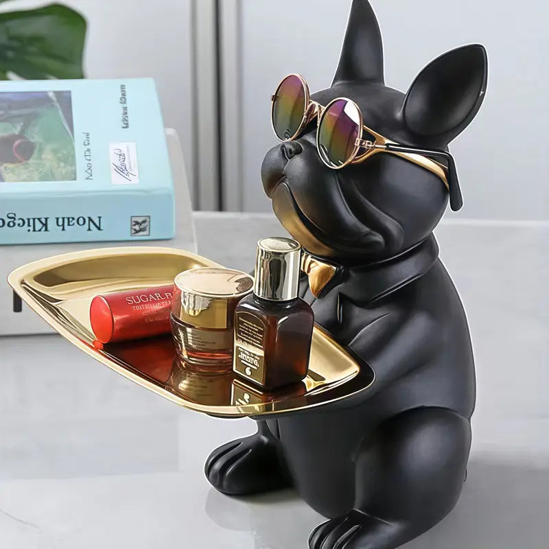 Escultura Decorativa de Cachorro Bulldog com Bandeja e Óculos