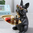Escultura Decorativa de Cachorro Bulldog com Bandeja e Óculos