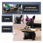 Escultura Decorativa de Cachorro Bulldog com Bandeja e Óculos