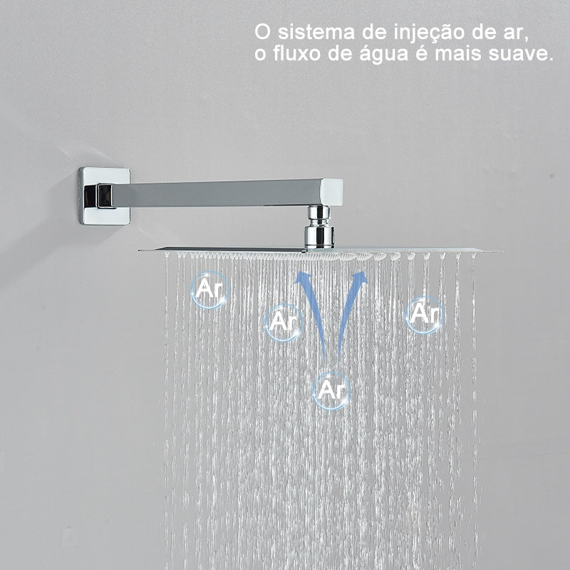 Kit Ducha Chuveiro 20×20cm Inox 304 Com Acabamentos Registros Preto/Cromado Para Chuveiro Banheiro