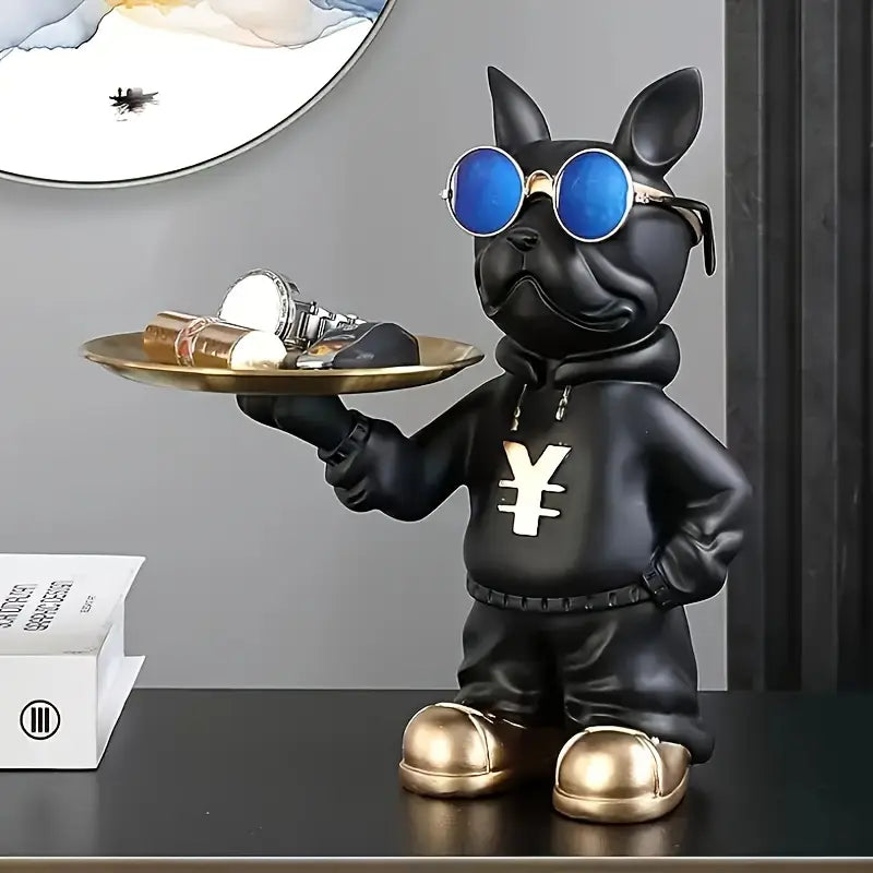 Estatueta Decorativa Bulldog Francês Mordomo com Bandeja