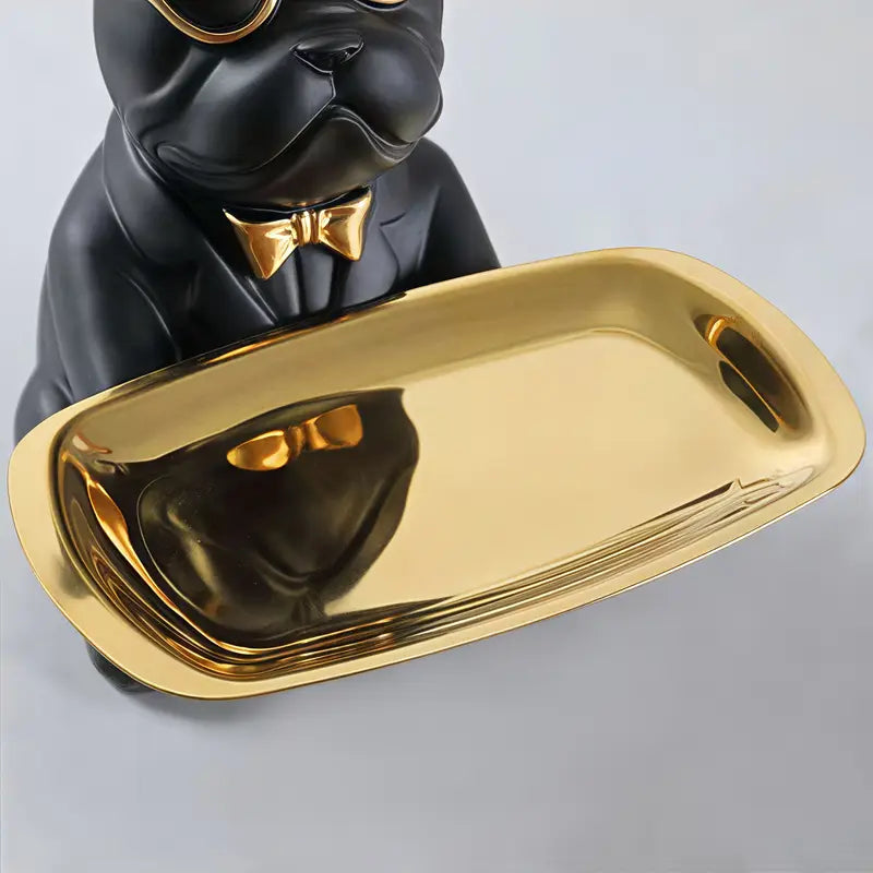 Escultura Decorativa de Cachorro Bulldog com Bandeja e Óculos