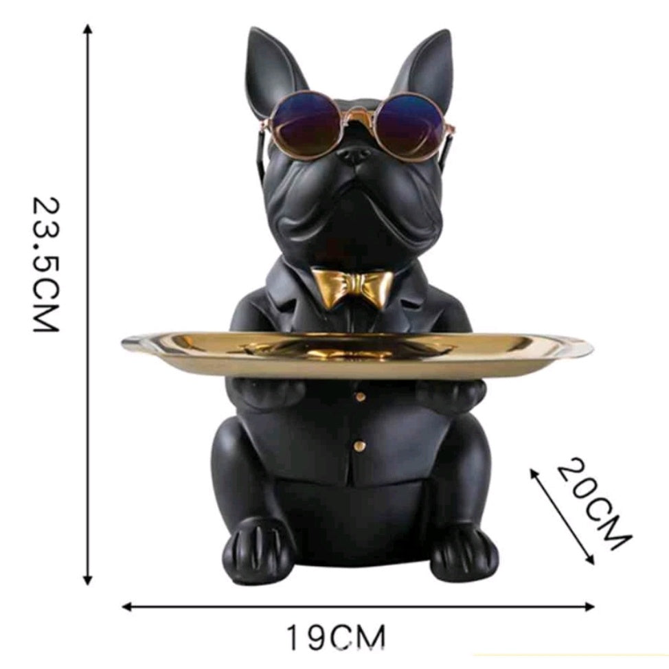 Escultura Decorativa de Cachorro Bulldog com Bandeja e Óculos