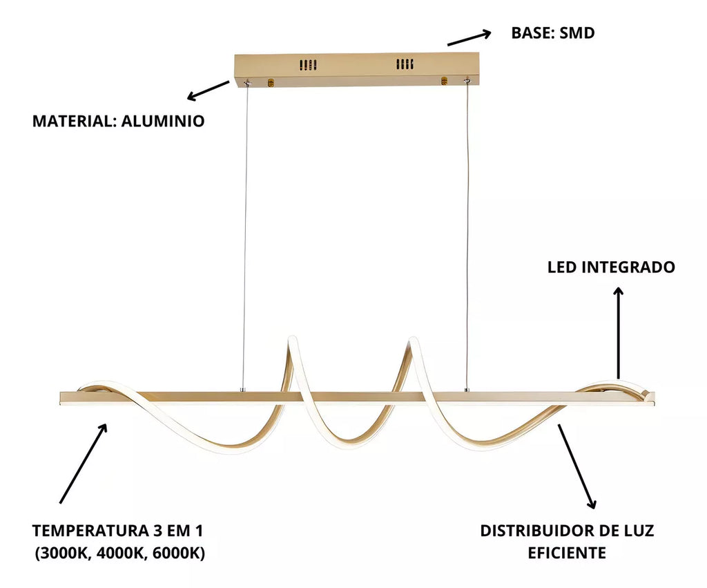 Lustre Pendente Led 45w 3 Em 1 Moderno Quarto Sala Dourado