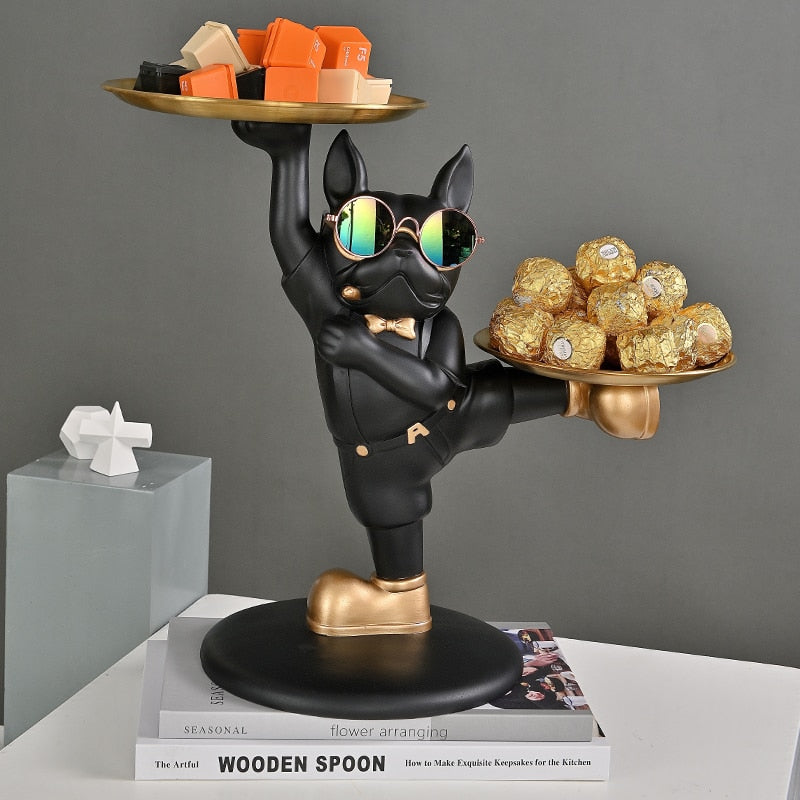 Escultura Decorativa BullDog Francês Decoração Mordomo KungFu Bandeja Dupla