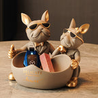 Estatueta Decorativa BullDog Francês Casal Edição Limitada - Suporte de Madeira Brinde