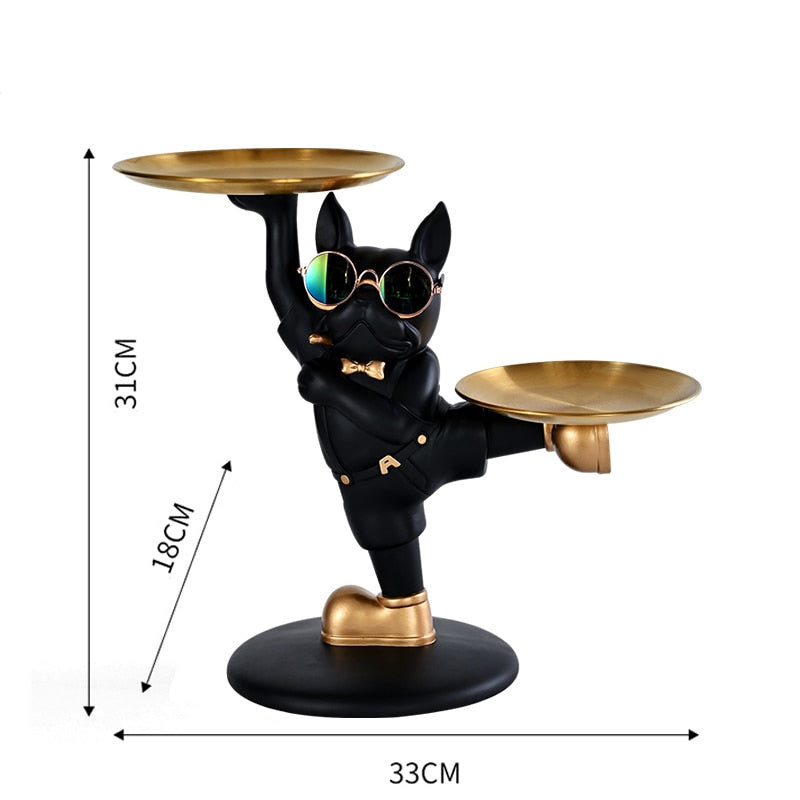 Escultura Decorativa BullDog Francês Decoração Mordomo KungFu Bandeja Dupla