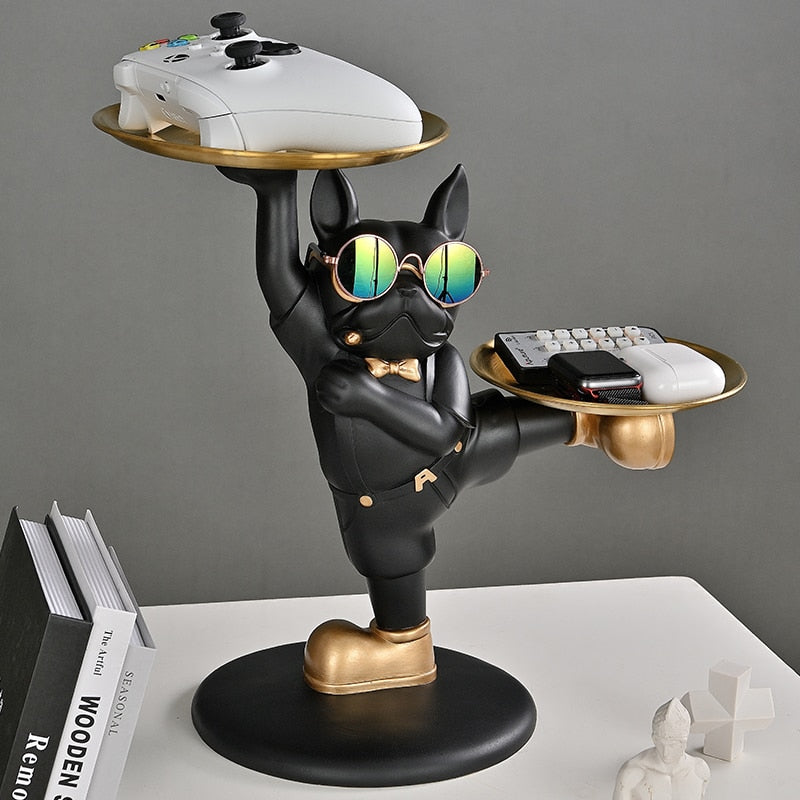 Escultura Decorativa BullDog Francês Decoração Mordomo KungFu Bandeja Dupla