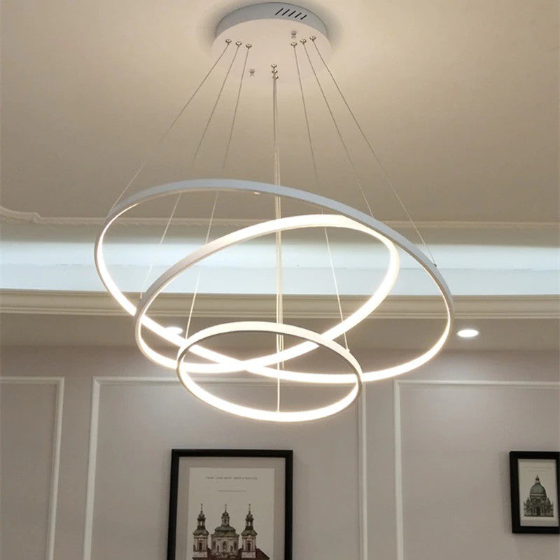 Lustre Led Moderno Com Controle Pendente Anéis 3 Arcos