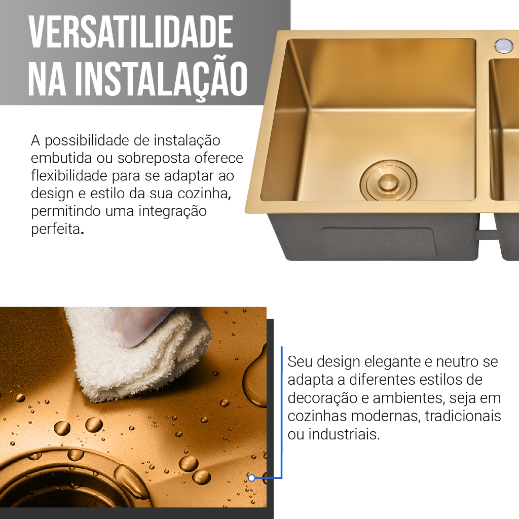 Cuba Para Pia De Cozinha Dupla Aço Inox Kit Torneira Flexível Gourmet Dourada