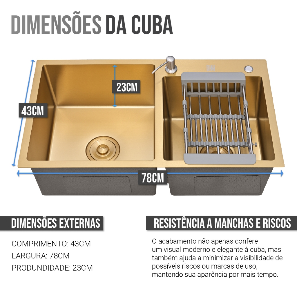 Cuba Para Pia De Cozinha Dupla Aço Inox Kit Torneira Flexível Gourmet Dourada