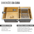 Cuba Para Pia De Cozinha Dupla Aço Inox Kit Torneira Flexível Gourmet Dourada