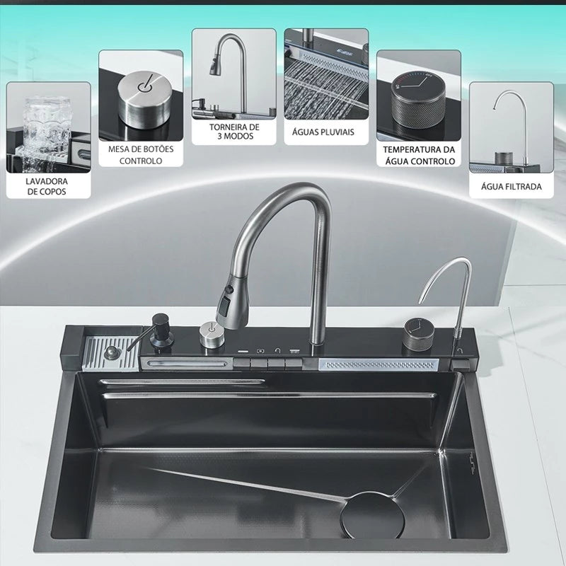 Kit Cuba Cozinha Cascata Gourmet Aço Inox Com Torneira Flexível