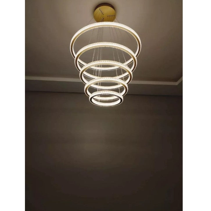 Lustre Pendente 5 Anéis LED 96W Dourado Duplo Bivolt Branco Quente