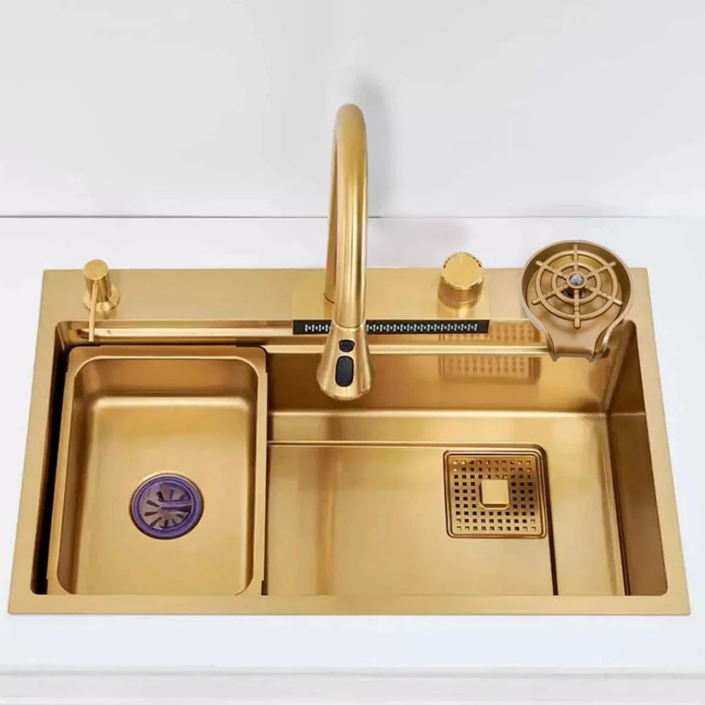 Cuba Pia Dourada Cozinha Gourmet Quadrada 75x45cm Aço Inoxidável 304 Com Acessórios Completos