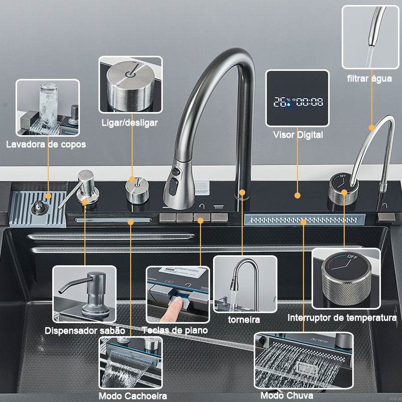 Kit Cuba Cozinha Cascata Gourmet Aço Inox Com Torneira Flexível