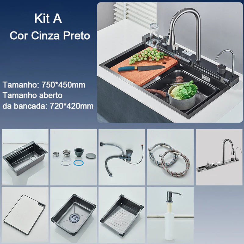 Kit Cuba Cozinha Cascata Gourmet Aço Inox Com Torneira Flexível
