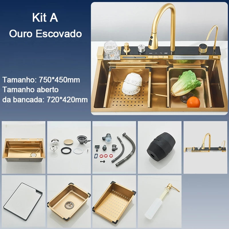 Kit Cuba Cozinha Cascata Gourmet Aço Inox Com Torneira Flexível