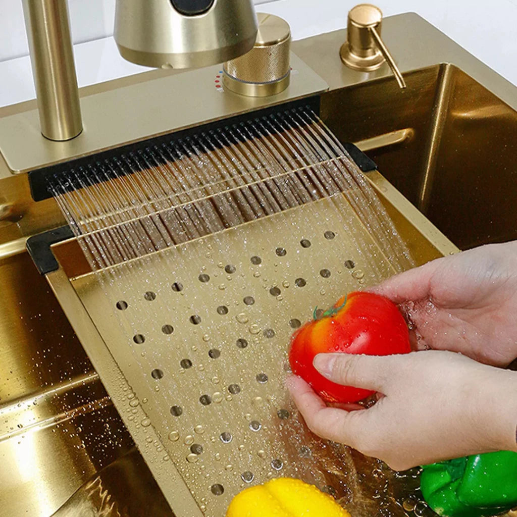 Cuba Pia Dourada Cozinha Gourmet Quadrada 75x45cm Aço Inoxidável 304 Com Acessórios Completos