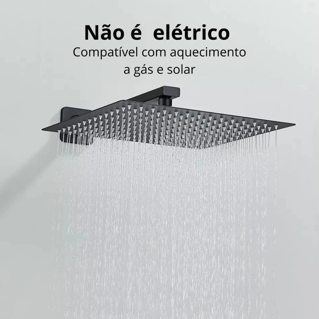 Kit Ducha Chuveiro 20×20cm Inox 304 Com Acabamentos Registros Preto/Cromado Para Chuveiro Banheiro