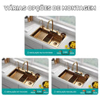 Cuba Pia Dourada Cozinha Gourmet Quadrada 75x45cm Aço Inoxidável 304 Com Acessórios Completos