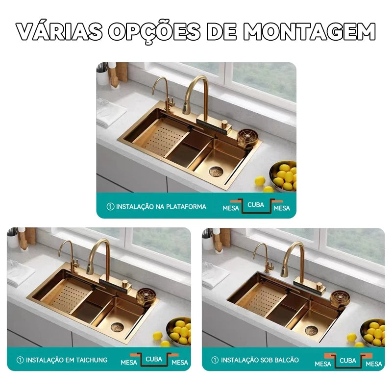 Cuba Pia Dourada Cozinha Gourmet Quadrada 75x45cm Aço Inoxidável 304 Com Acessórios Completos