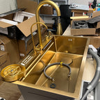 Cuba Pia Dourada Cozinha Gourmet Quadrada 75x45cm Aço Inoxidável 304 Com Acessórios Completos