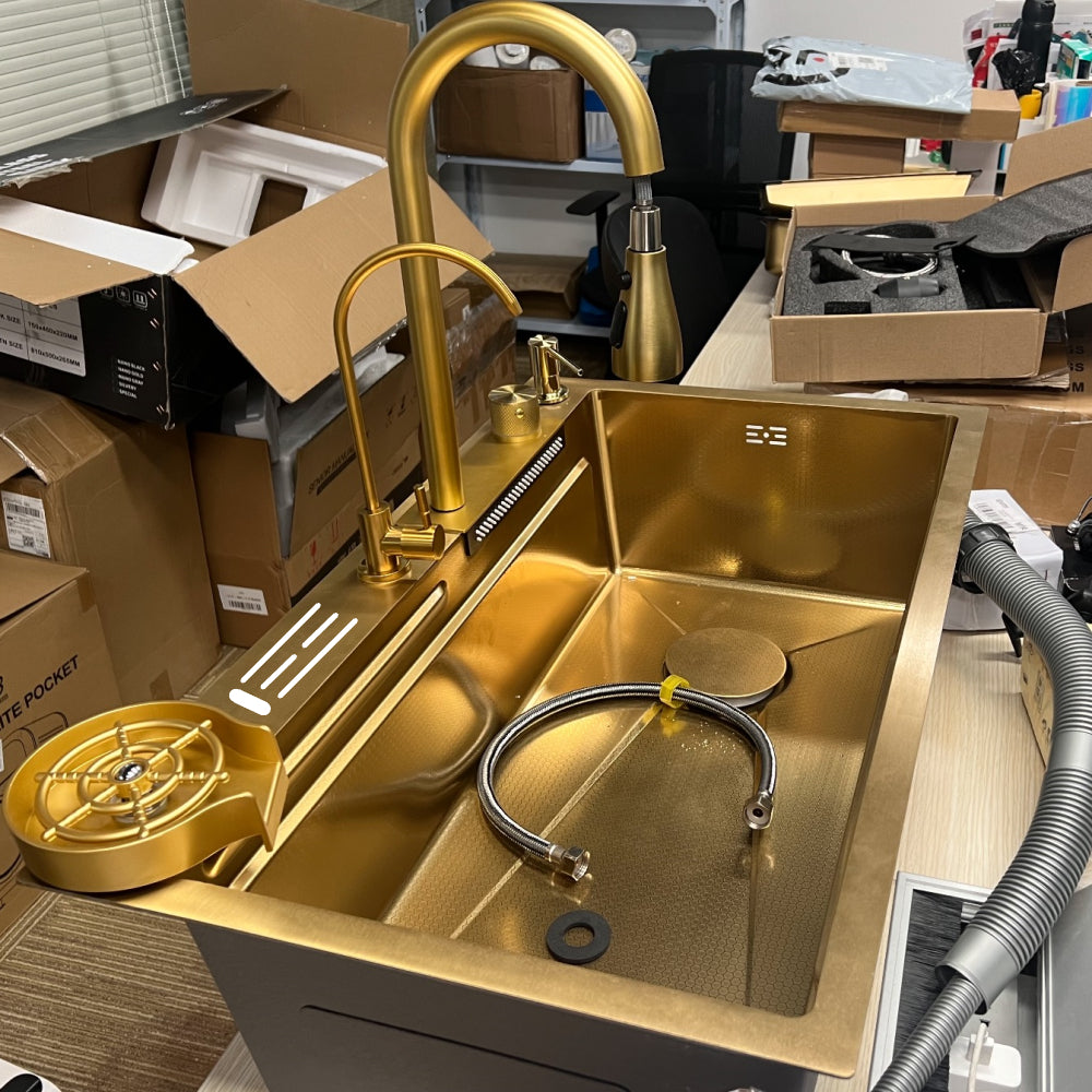 Cuba Pia Dourada Cozinha Gourmet Quadrada 75x45cm Aço Inoxidável 304 Com Acessórios Completos