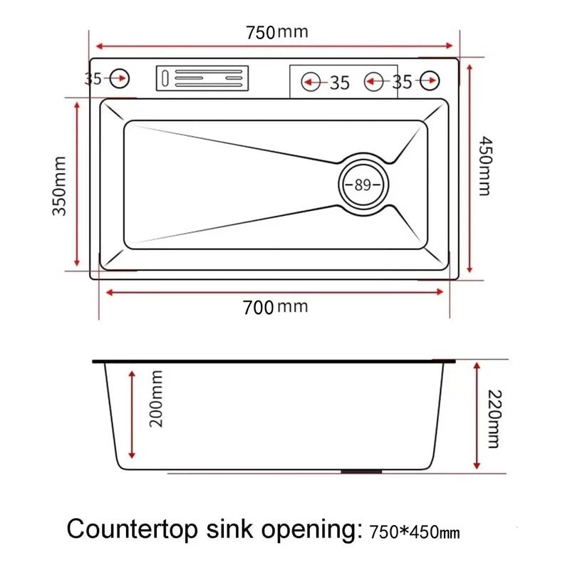 Cuba Pia Dourada Cozinha Gourmet Quadrada 75x45cm Aço Inoxidável 304 Com Acessórios Completos
