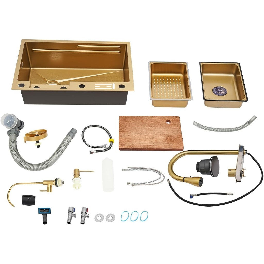 Cuba Pia Dourada Cozinha Gourmet Quadrada 75x45cm Aço Inoxidável 304 Com Acessórios Completos