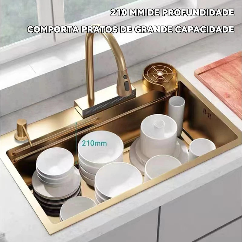 Cuba Pia Dourada Cozinha Gourmet Quadrada 75x45cm Aço Inoxidável 304 Com Acessórios Completos