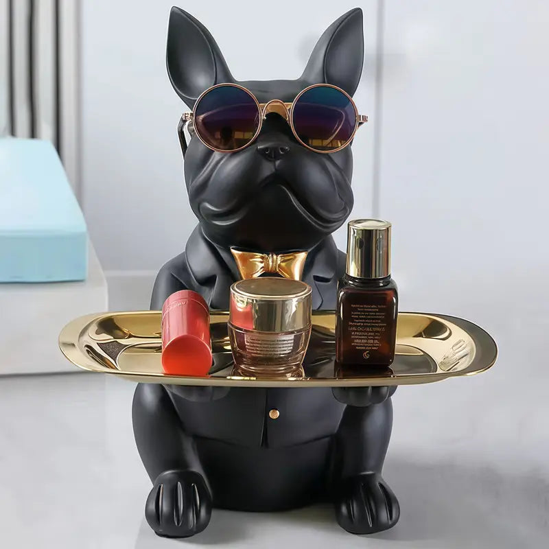 Escultura Decorativa de Cachorro Bulldog com Bandeja e Óculos
