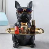 Escultura Decorativa de Cachorro Bulldog com Bandeja e Óculos