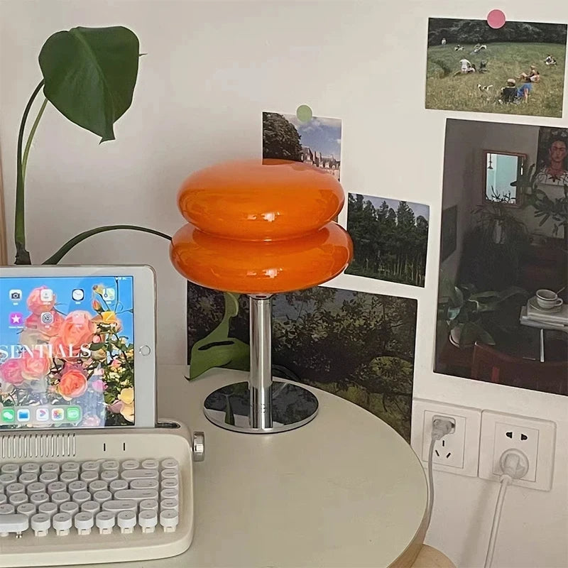 Luminária de Mesa Moderna Cogumelo Vidro e Inox