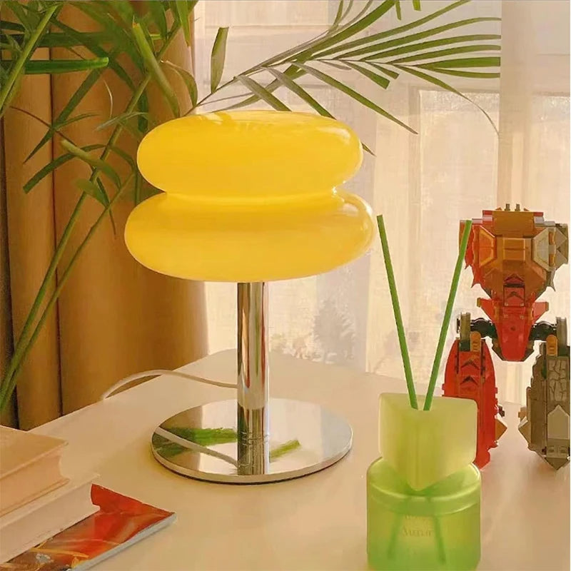 Luminária de Mesa Moderna Cogumelo Vidro e Inox