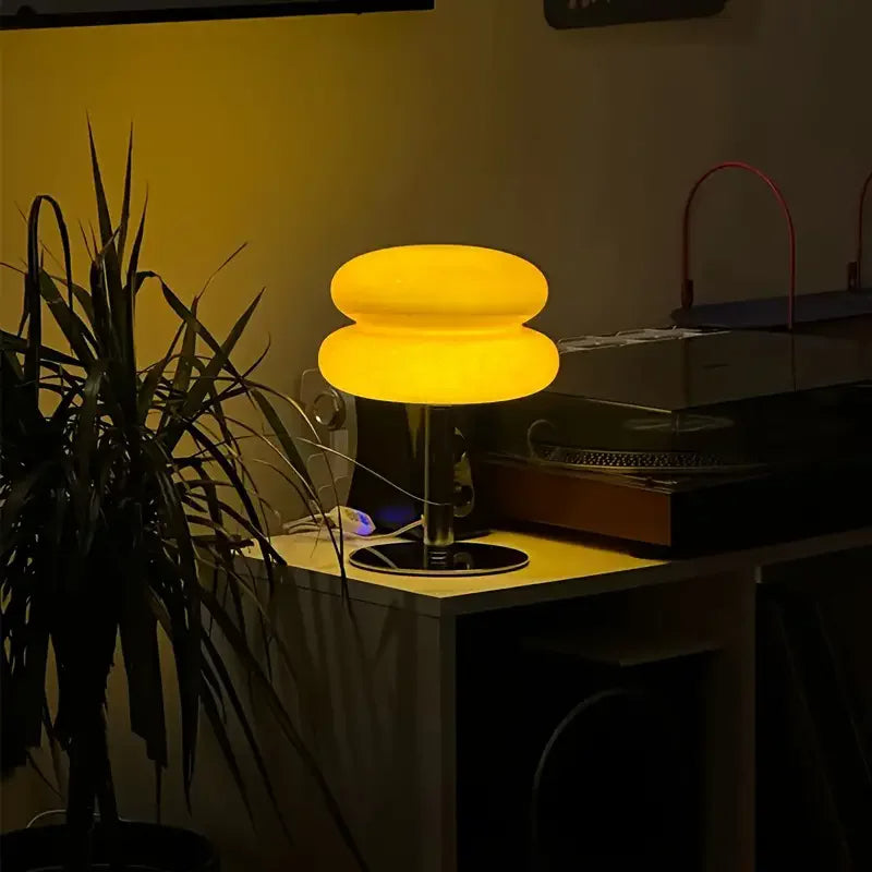 Luminária de Mesa Moderna Cogumelo Vidro e Inox