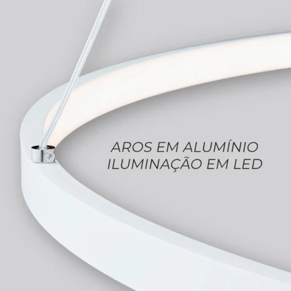 Lustre Led Moderno Com Controle Pendente Anéis 3 Arcos