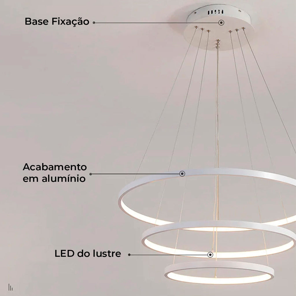 Lustre Led Moderno Com Controle Pendente Anéis 3 Arcos