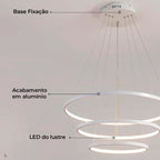 Lustre Led Moderno Com Controle Pendente Anéis 3 Arcos