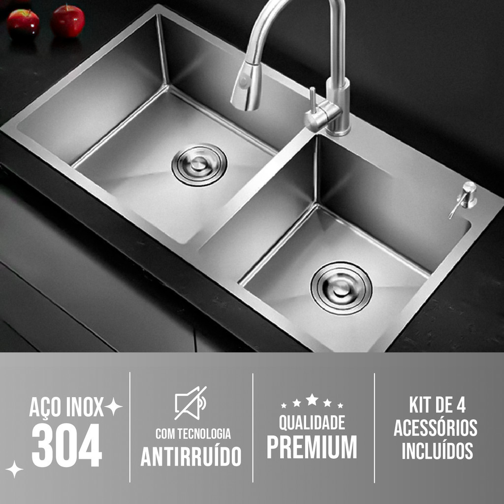 Cuba Cozinha Gourmet Pia Aço Inox Dupla Quadrada Acessórios